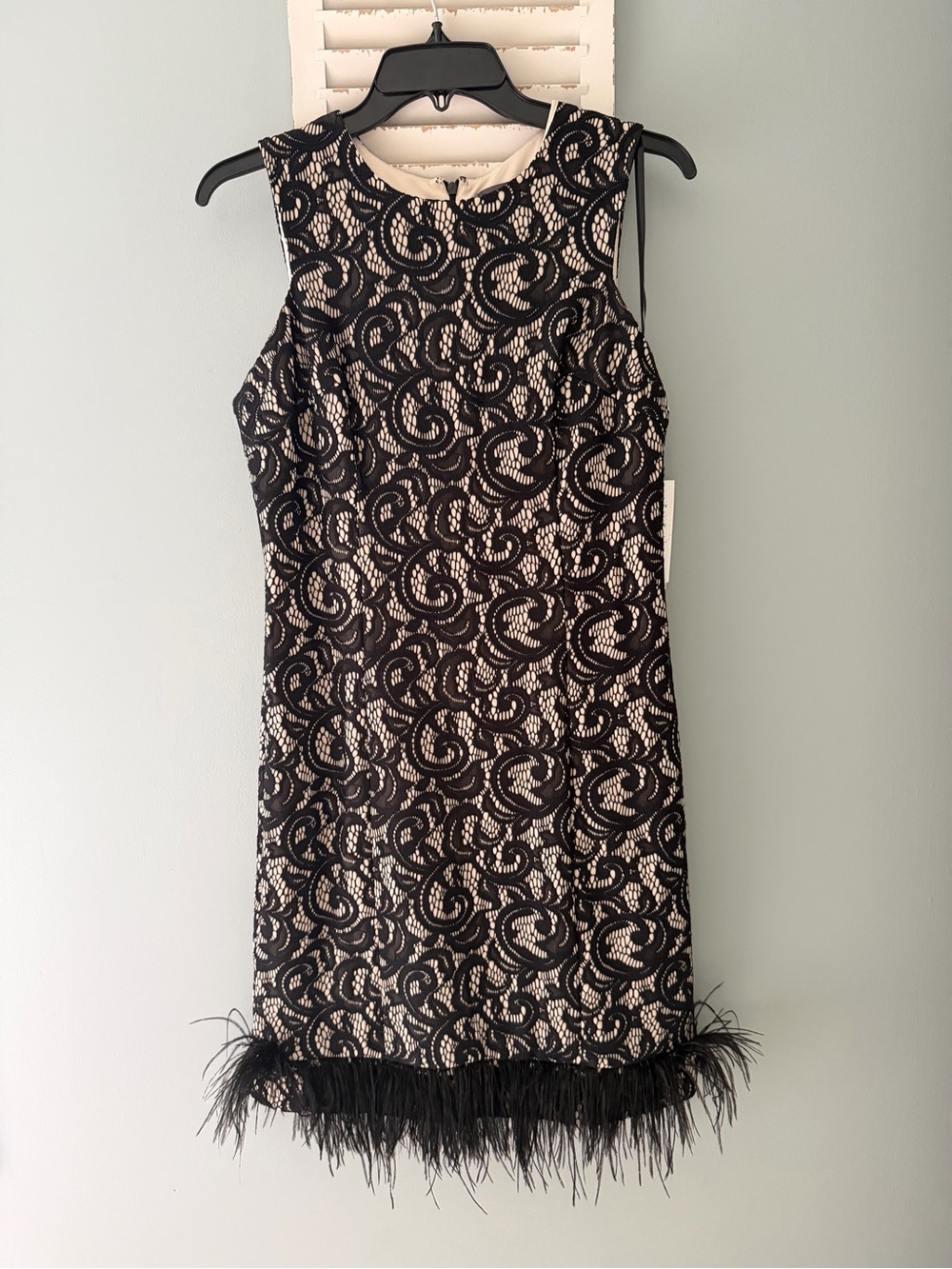 Donna Ricco Black Lace Mini Dress with Feather Hem